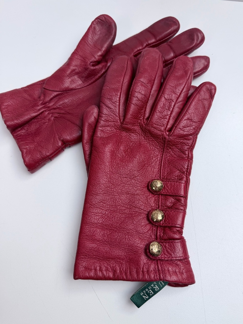 Lauren Ralph Lauren Vintage Red Leather Gloves Size Large Gold Button Details